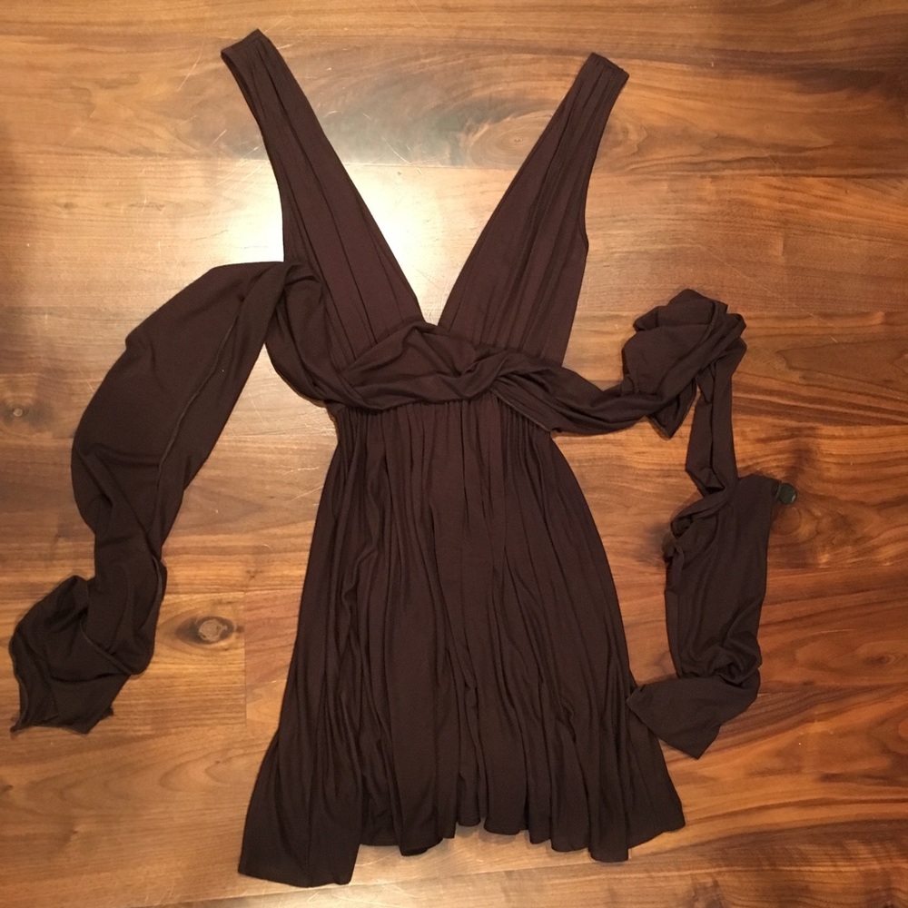 Frenzii Brown Sexy Low Cut Dress with Belt